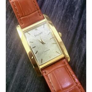 Rare Mens Stauer Gold Leaf Dial Tank Leather Dress Watch
